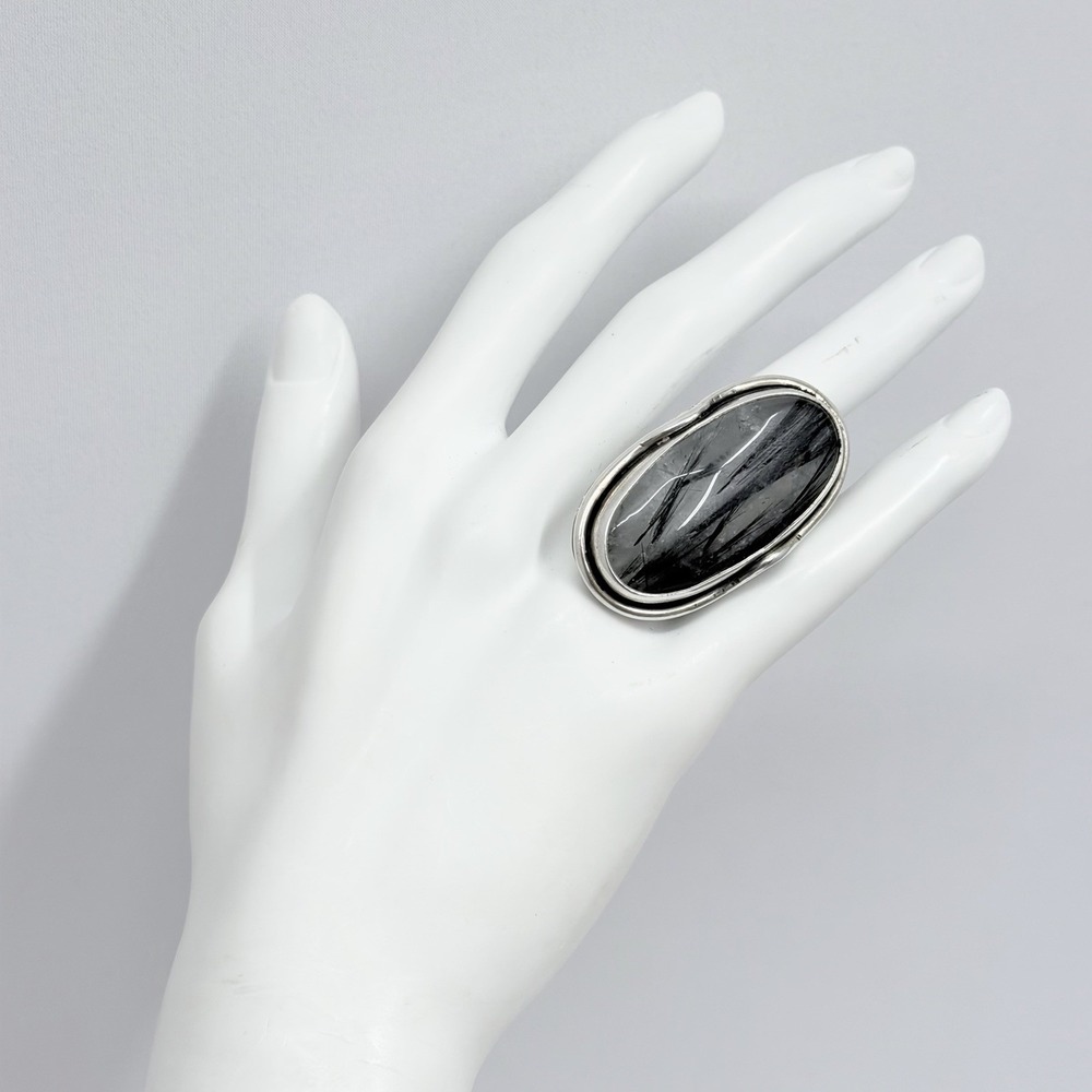 A Pacak or Andrzej Pacak Sterling Dendritic Agate Ring 1 3/4" Long x 1" Sz 7 1/2